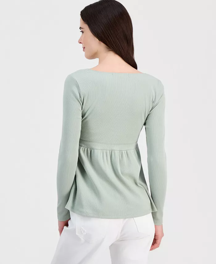 Juniors' Long Sleeve Ribbed Babydoll Top - thumbnail 5