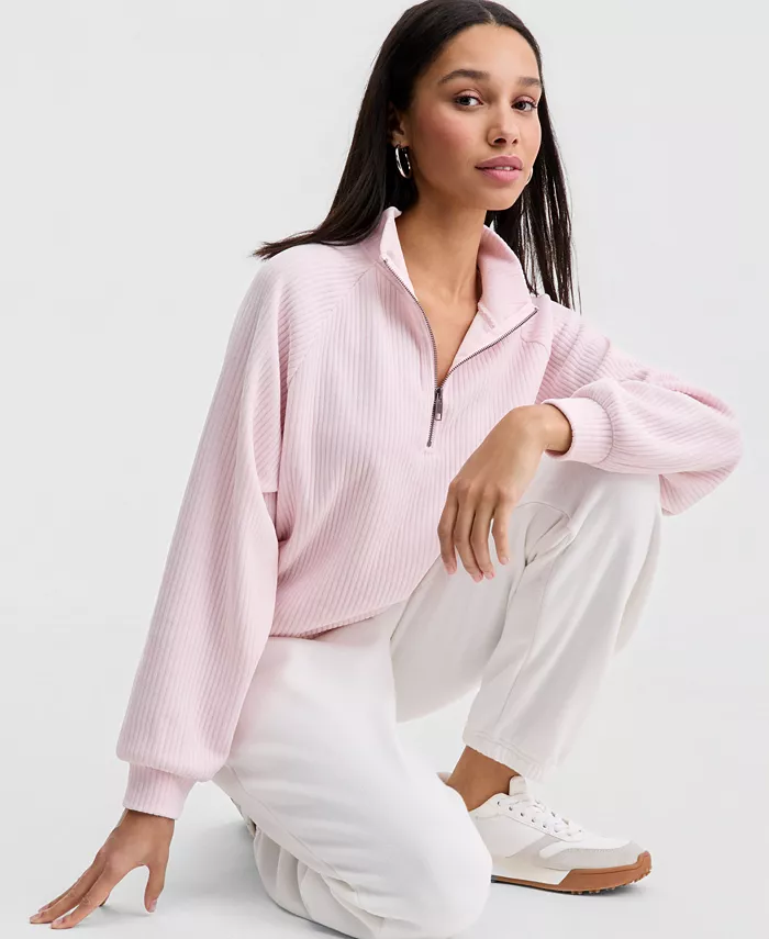 Juniors' Ribbed Knit Quarter-Zip Sweatshirt - thumbnail 2