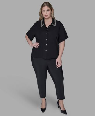 Women's Plus Size Sparkle Trim Knit Short-Sleeve Top