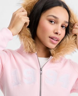 Juniors' Faux-Fur-Trim Hooded Sweatshirt