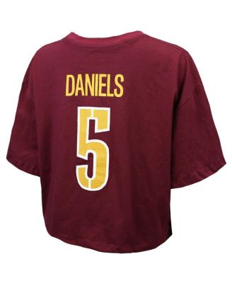 Women's Jayden Daniels Burgundy Washington Commanders Swarovski Crystals Boxy Cropped Name Number T-Shirt