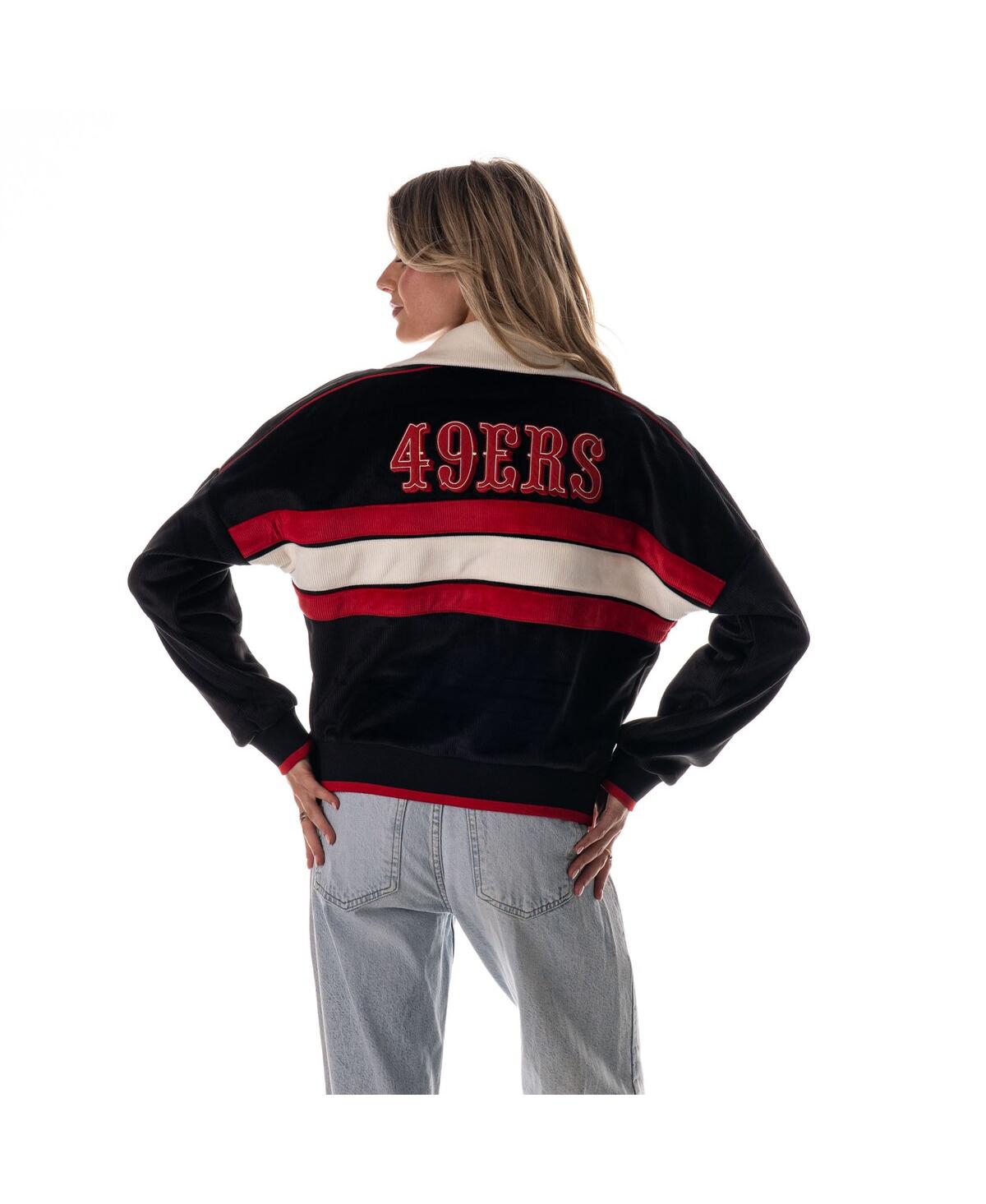 The Wild Collective Women's Black San Francisco 49ers Cropped Corduroy Full-Zip Bomber Jacket