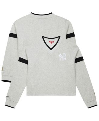Mitchell & Ness - Women's Heather Gray New York Yankees Cooperstown Collection V-Neck Cropped Toggle Sweatshirt