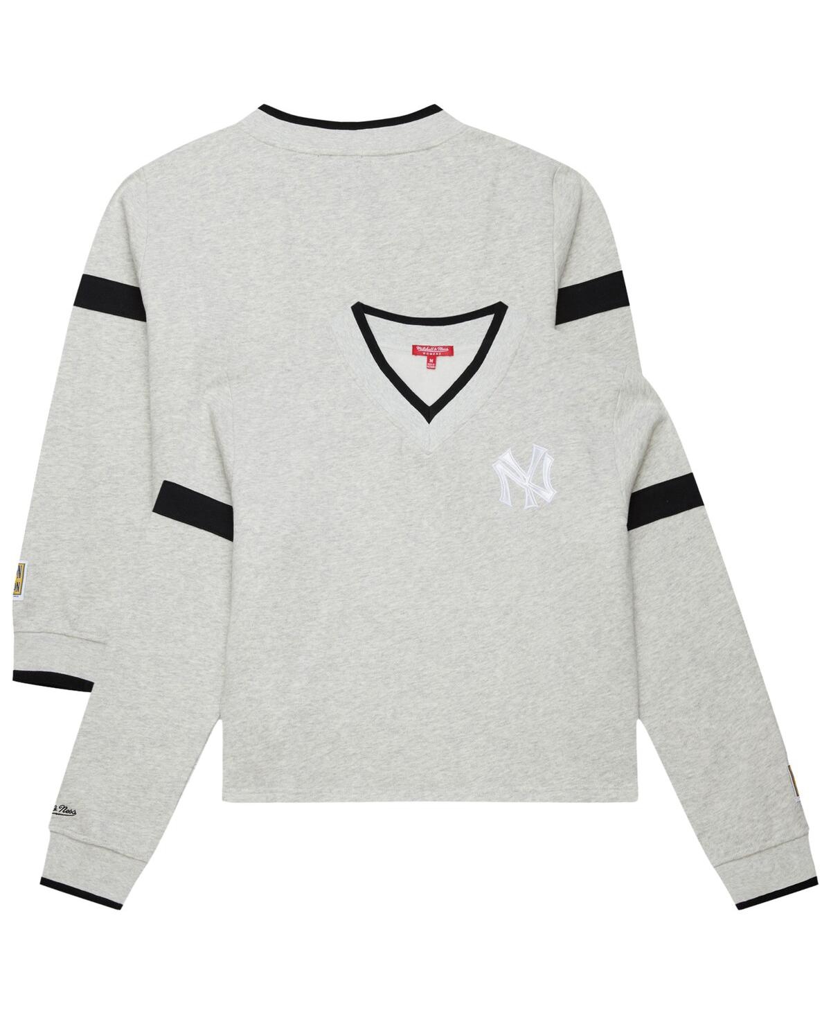 Mitchell & Ness Women's Heather Gray New York Yankees Cooperstown Collection V-neck Cropped Toggle Sweatshirt