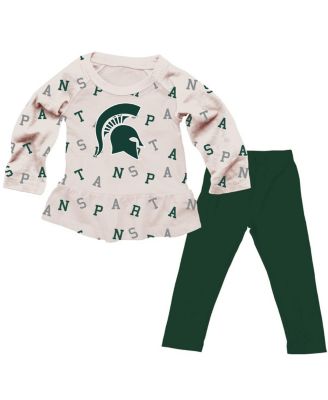 Wes & Willy - Girls Toddler 2-Piece Oatmeal Michigan State Spartans Ruffle Raglan Long Sleeve T-Shirt and Leggings Set