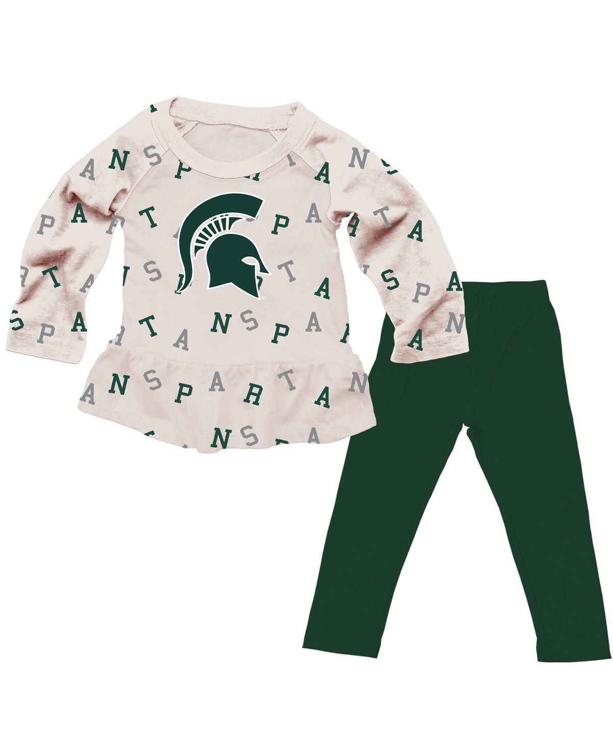 Wes & Willy Babies' Girls Toddler 2-piece Oatmeal Michigan State Spartans Ruffle Raglan Long Sleeve T-shirt And Leggings In Brown