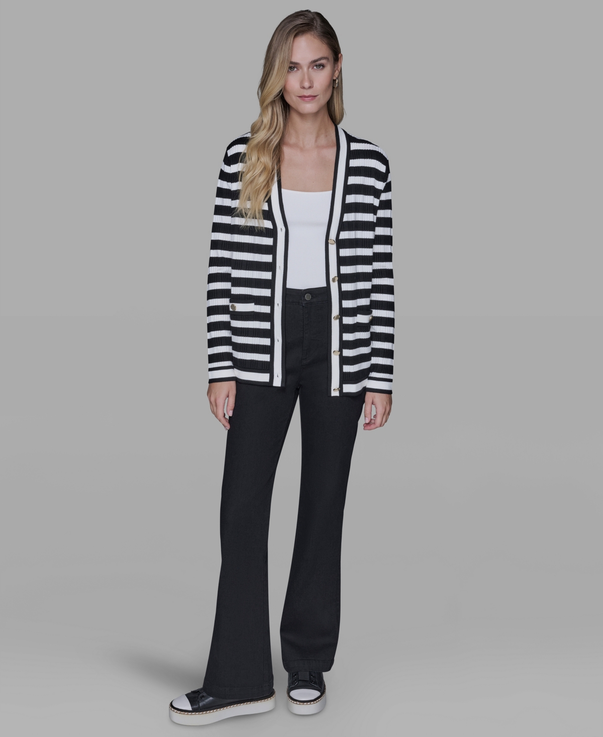 Karl Lagerfeld Petite V-neck Long-sleeve Sweater In Black