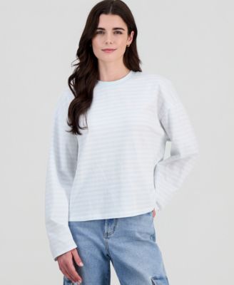 Juniors' Oversized Striped Long-Sleeve Crewneck Tee