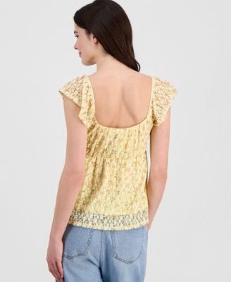 Juniors' Floral Lace Flutter-Sleeve Babydoll Top