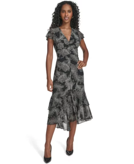 Petite Printed Midi Dress - Black/Ivory