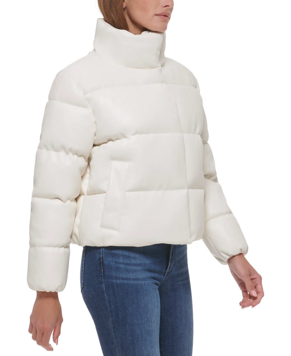 Calvin Klein Women's Short Faux-leather Puffer Jacket In Neutral