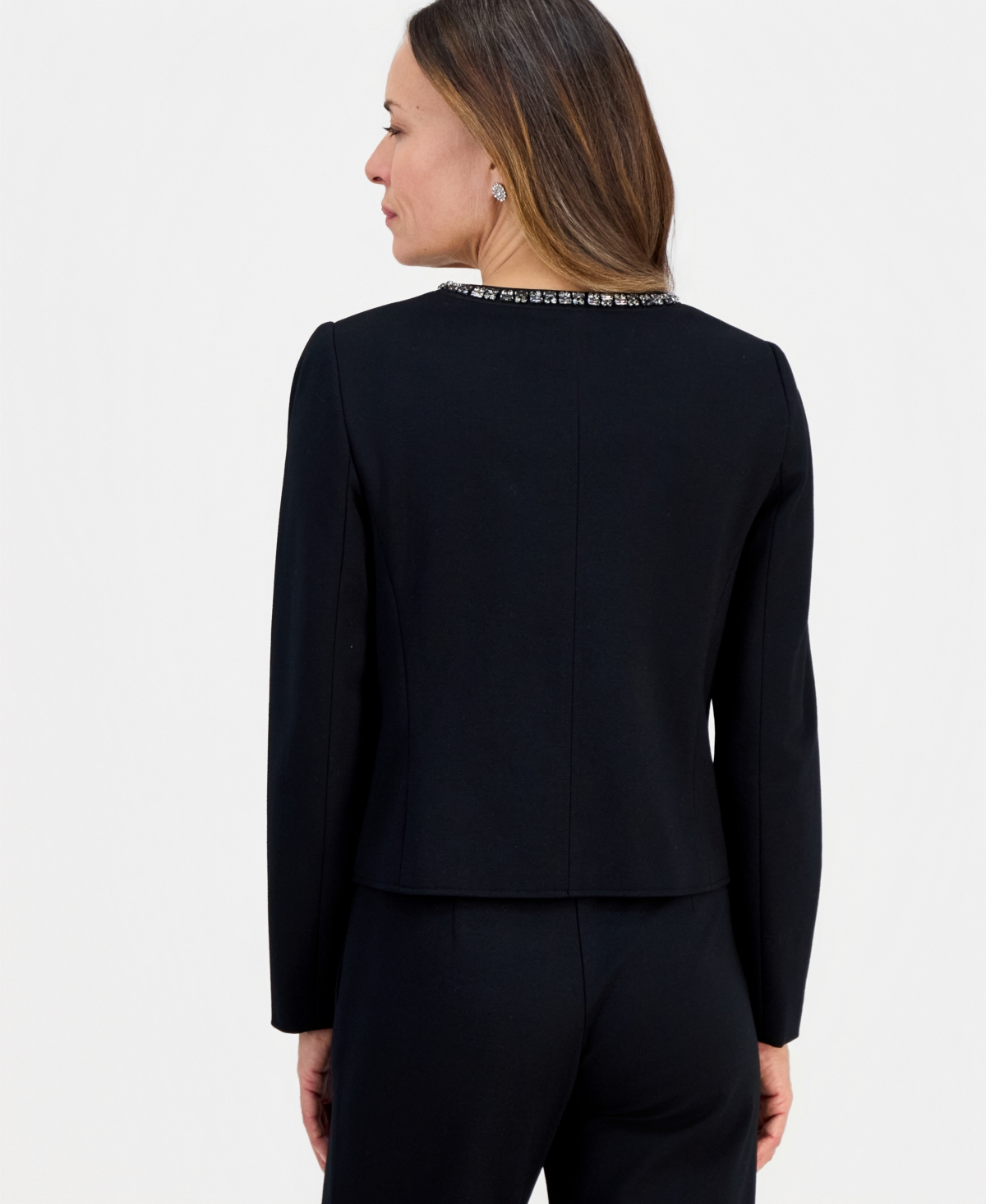 Jm Collection Petite Embellished-neck Long-sleeve Jacket, Macy's Exclusive In Black
