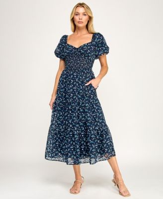 Juniors' Puff Sleeve Smocked Waist Dress