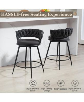 Swivel Bar Stools Set of 3, 24 Inches Modern Counter Height Bar Stools with Woven Back, Upholstered Suede Tall Barstools