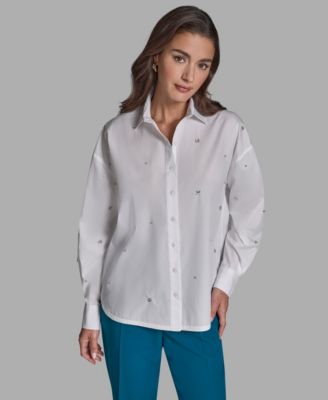 BCBG - Women's Rhinestone Button-Down Collared Top