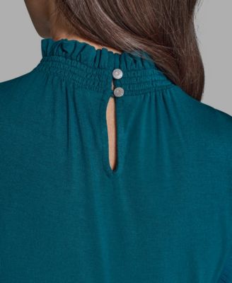 Women's Pleated Mock Neck Flutter Sleeve Top