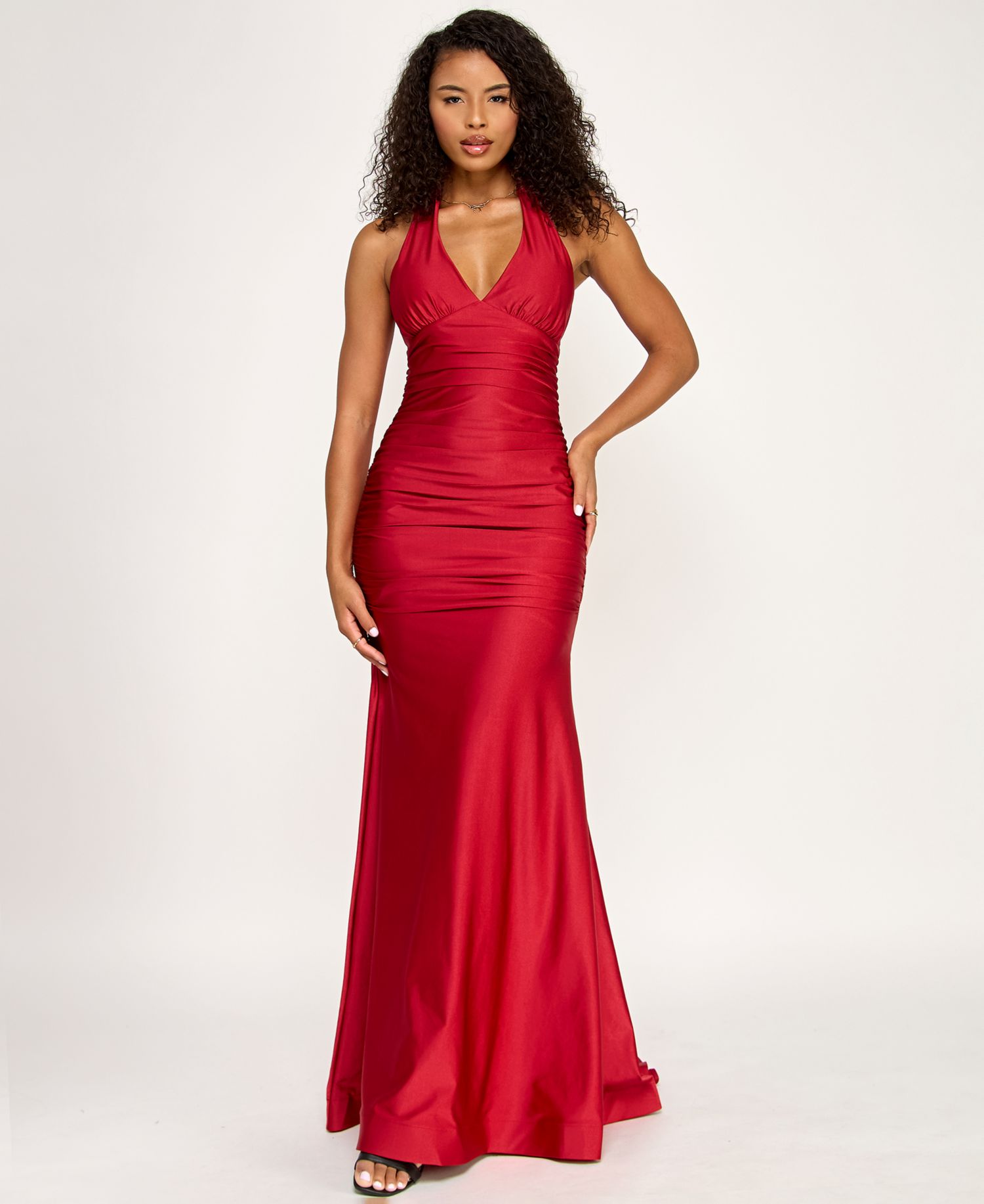 Juniors' Ruched Tie-Back Halter Gown