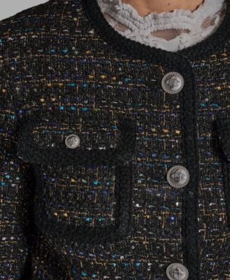 Women's Button-Front Collarless Tweed Jacket