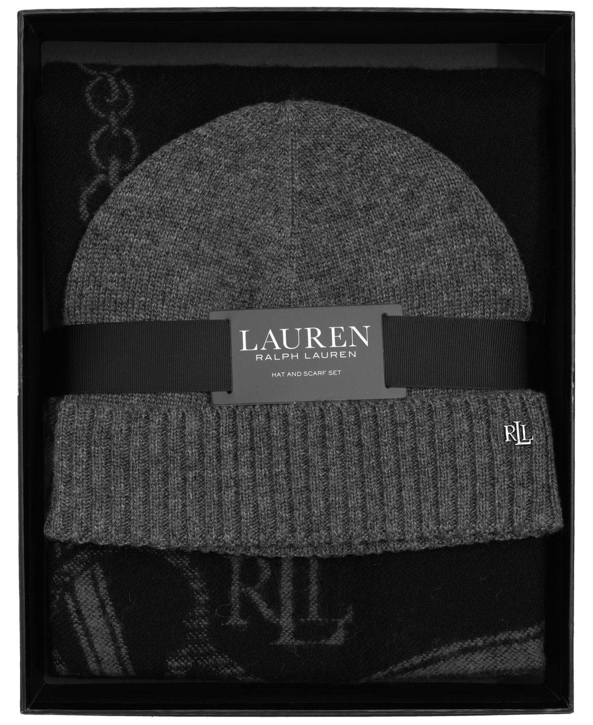 Ralph Lauren Equestrian Woven Scarf And Knit Hat Gift Set In Black