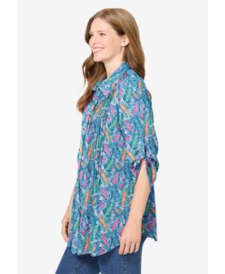 Plus Size Pintucked Button Down Gauze Shirt