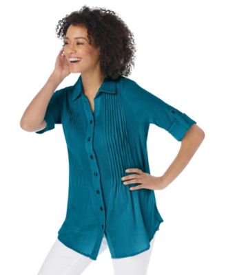 Plus Size Pintucked Button Down Gauze Shirt