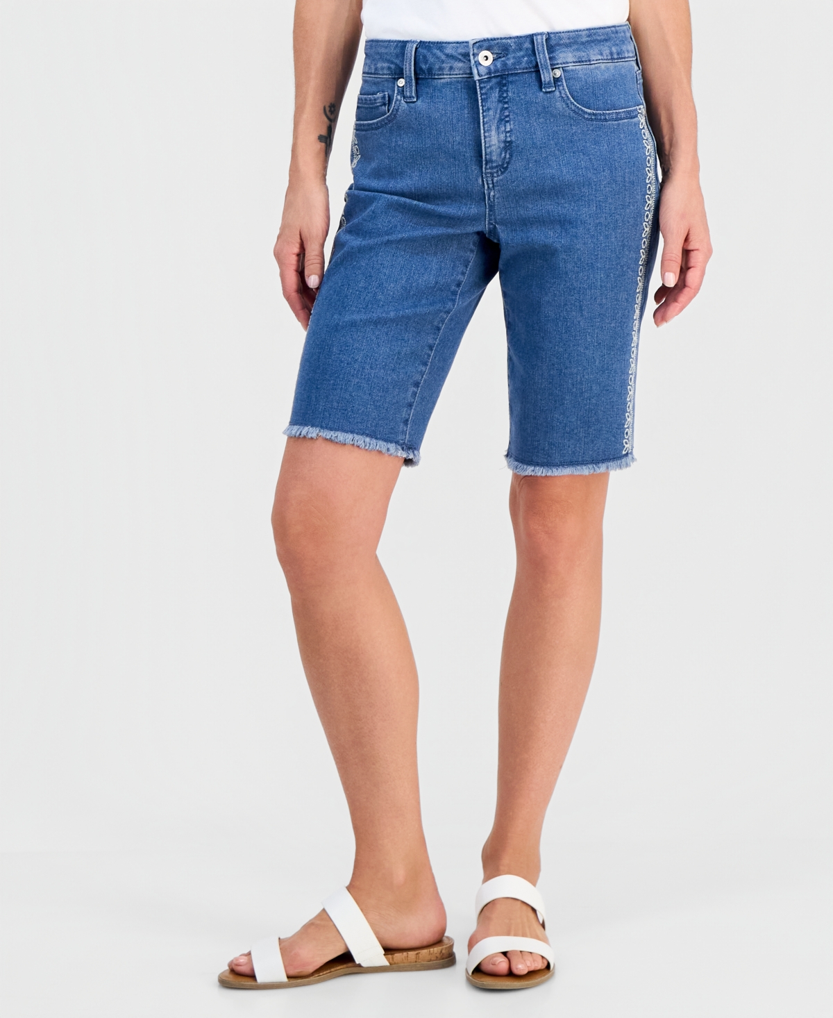 Style & Co Petite Mid-rise Embroidered Raw-edge Bermuda Shorts, Macy's Exclusive In Blue