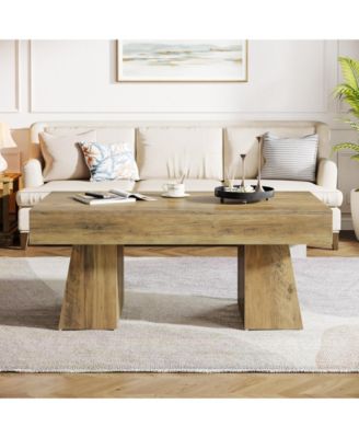 Farmhouse Coffee Table, 47 Inches Wooden Rectangular Accent Center Tables with Thick Base, Modern Low Cocktail Tea