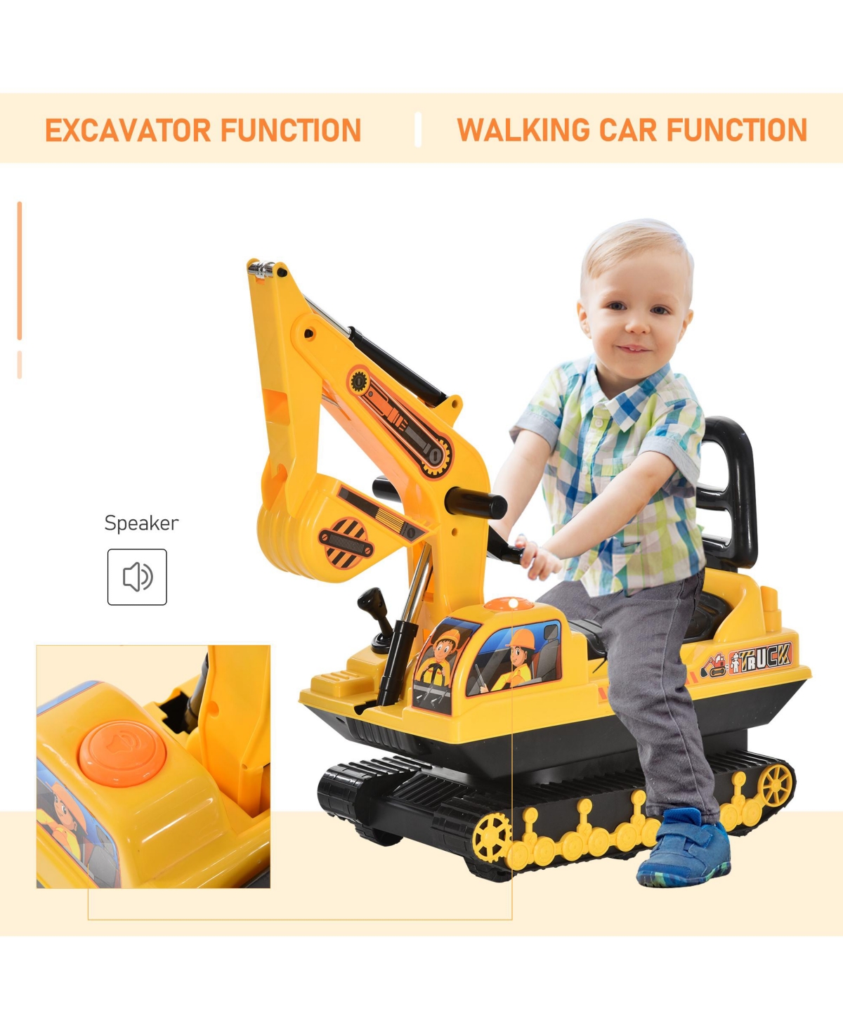 Ride On Excavator Toy, Toddler Construction Truck Walker with Movable Digger, Pretend Play, Basket Storage, Ride On Scooter for Boys and Girls