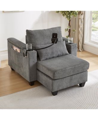 Convertible Chaise Lounge 37.4 Inches Sofa Chair Sofa Bed Corduroy Sleeper with USB Ports , Two Cup Holders, Phone Holder and Ample Storage Space
