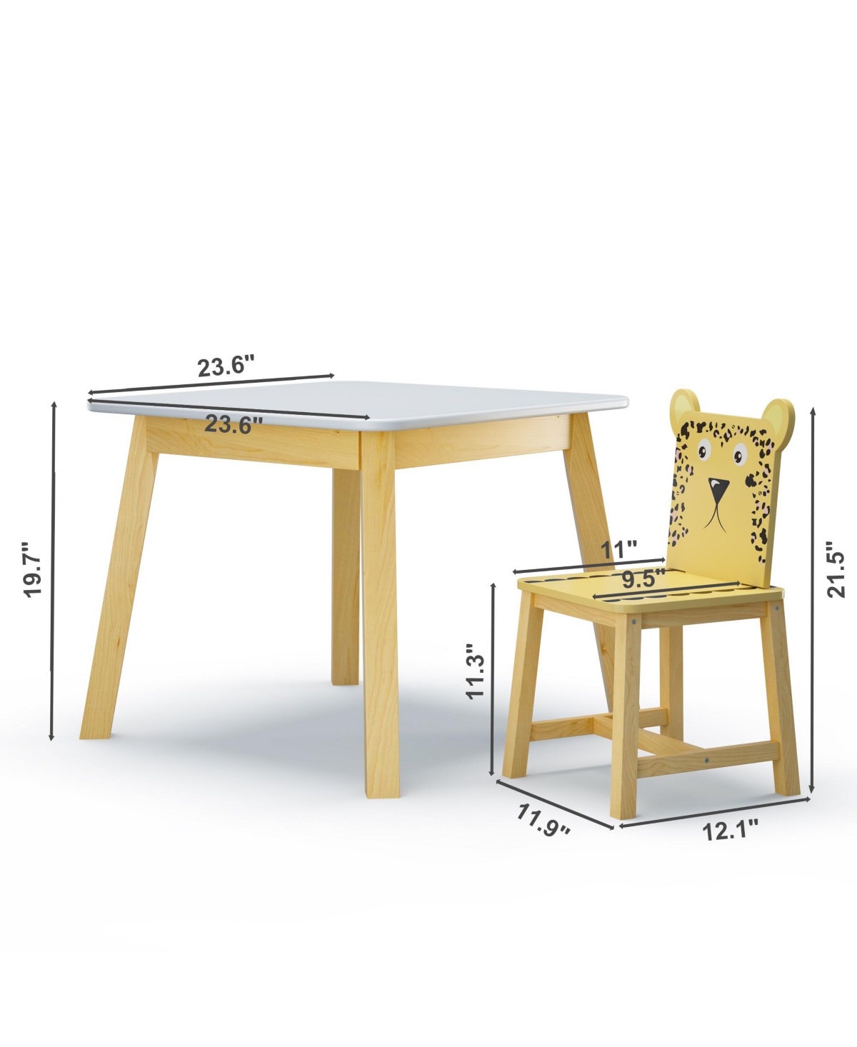 23.6"5 Piece Kiddy Table and Chair Set , Kids Wood Table with 4 Chairs Set Cartoon Animals (bigger table) (3-8 years old) White