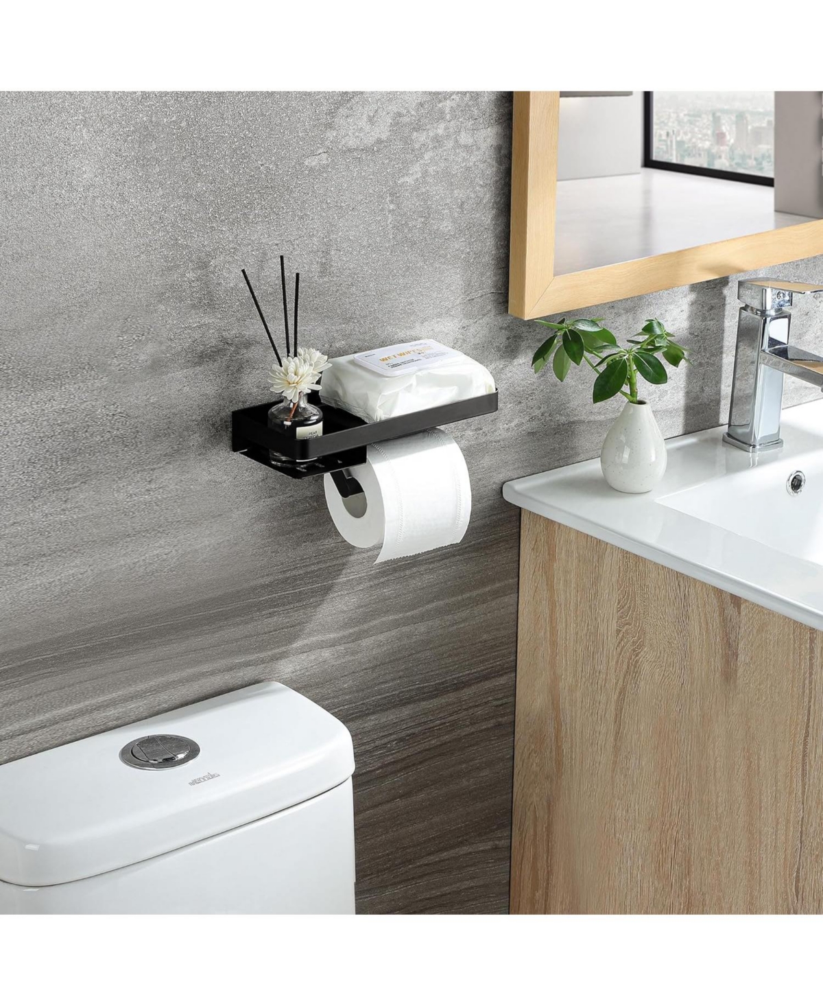 Paper Holder with Shelf - Comfor Room Paper Holder Wall Mount Roll Holder with Wipes Storage for Bathroom Stainless Steel Matte Black