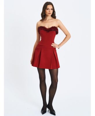 Women's Nalia Crimson Fur Trimmed Sweetheart Mini Dress