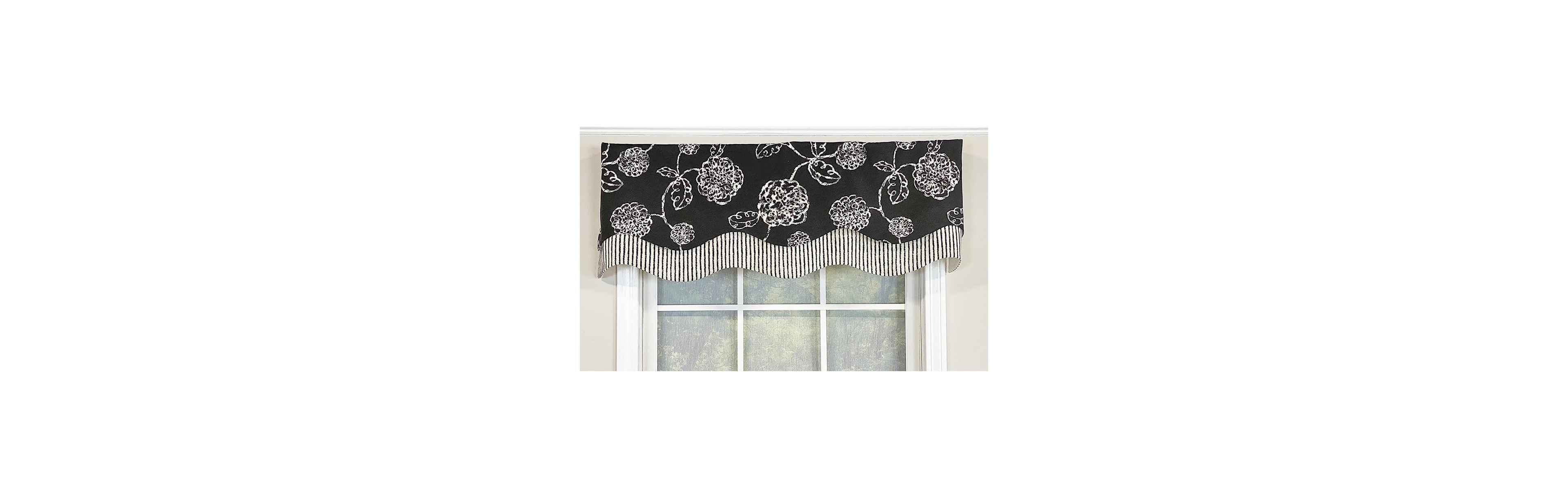 Rlf Home Pouf Floral Glory Valance Black. 3" Rod Pocket, Layered. 50"W X 16"L