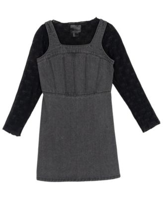 Girls' 7-16 Mesh Long-Sleeve Top and Denim Jumper, 2-Piece Set