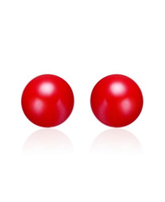 14K Gold Plated Stud Earrings with Red Enamel Round Pearl for Kids