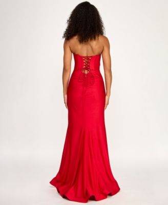 Junior's Sequin Twist Front Bandeau Slim Long Gown