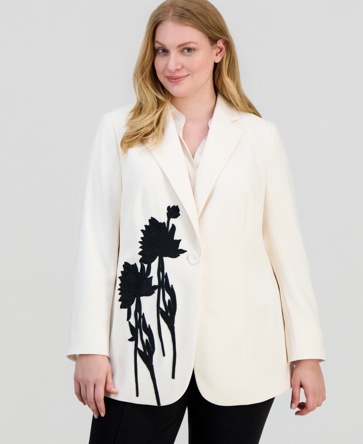 Anne Klein Plus Floral Applique Notched Collar Blazer