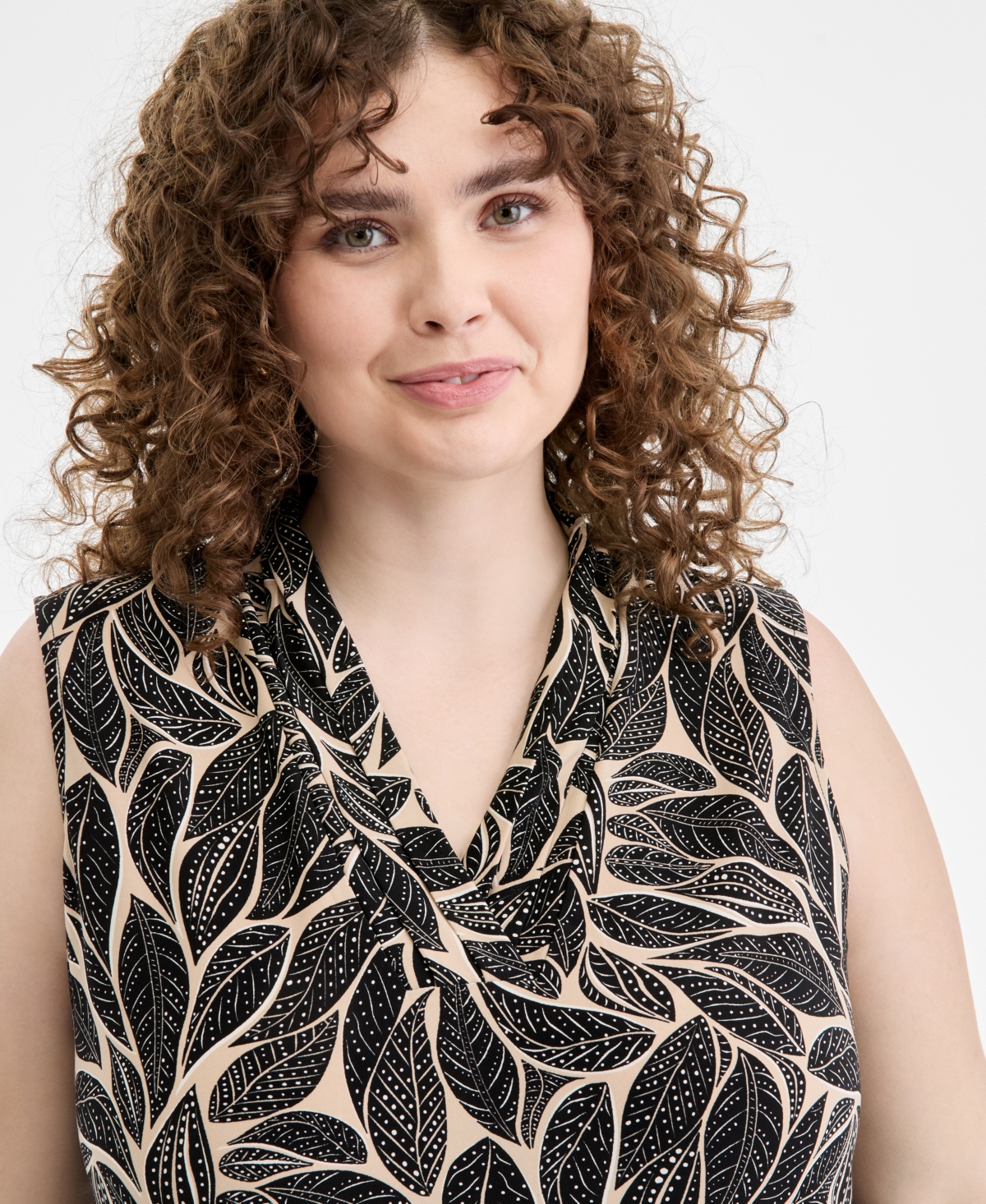 Anne Klein Plus Printed Triple-Pleat V-Neck Blouse