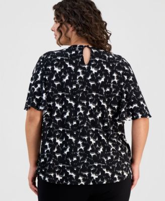 Plus Size Printed Short-Sleeve Keyhole Top