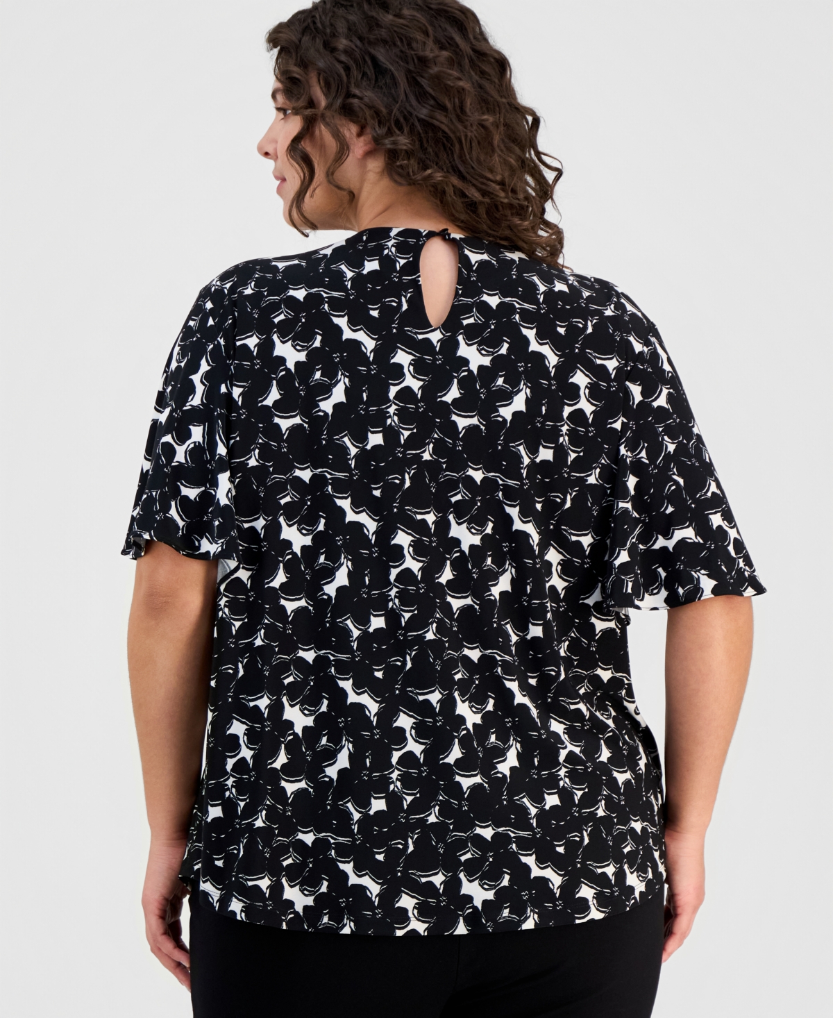 Anne Klein Plus Printed Short-Sleeve Keyhole Top