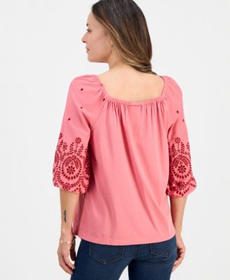 Petite Square-Neck Embroidered 3/4-Sleeve Blouse, Macy's Exclusive 
