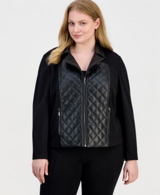 Plus Size Faux-Leather Mixed-Media Quilted-Front Moto Jacket