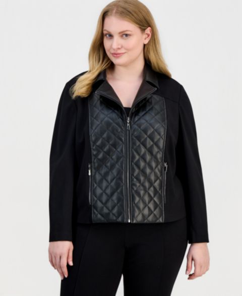 Женские куртки Anne Klein Essentials AK Anne Klein Plus Size Faux-Leather Mixed-Media Quilted-Front Moto Jacket