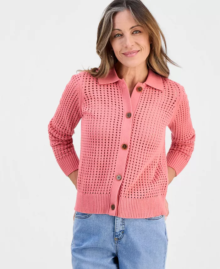 Petite Open-Stitch Button-Front Cotton Cardigan