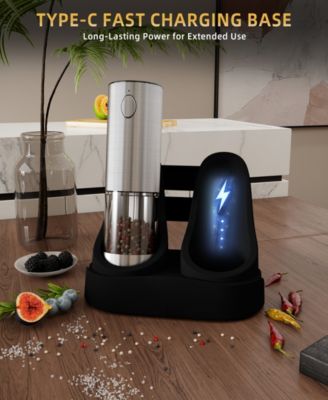 95-ml Rechargeable Electric Salt and Pepper Grinder Set – Stainless Steel Mills with LED Light and Adjustable Coarseness Charging Base