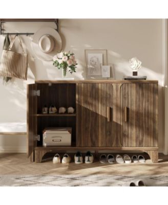 47-Inch Mid-Century Modern Buffet Cabinet with Fluted Doors &amp;#x2013; 3-Door Sideboard Credenza for Kitchen, Dining, or Living Room