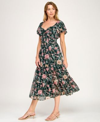 Juniors' Puff Sleeve Twist Front Midi Dress