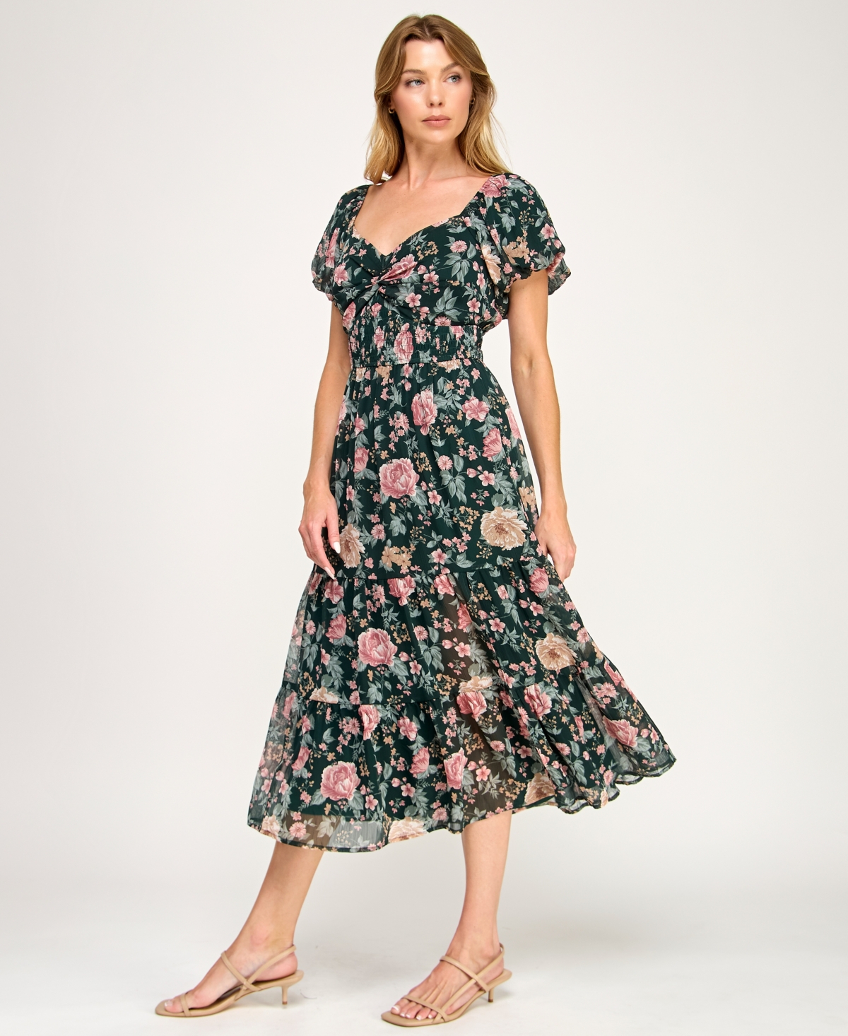 Trixxi Juniors' Puff Sleeve Twist Front Midi Dress