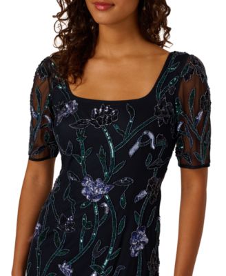 Women's Petite Beaded Square Neck Long Dress