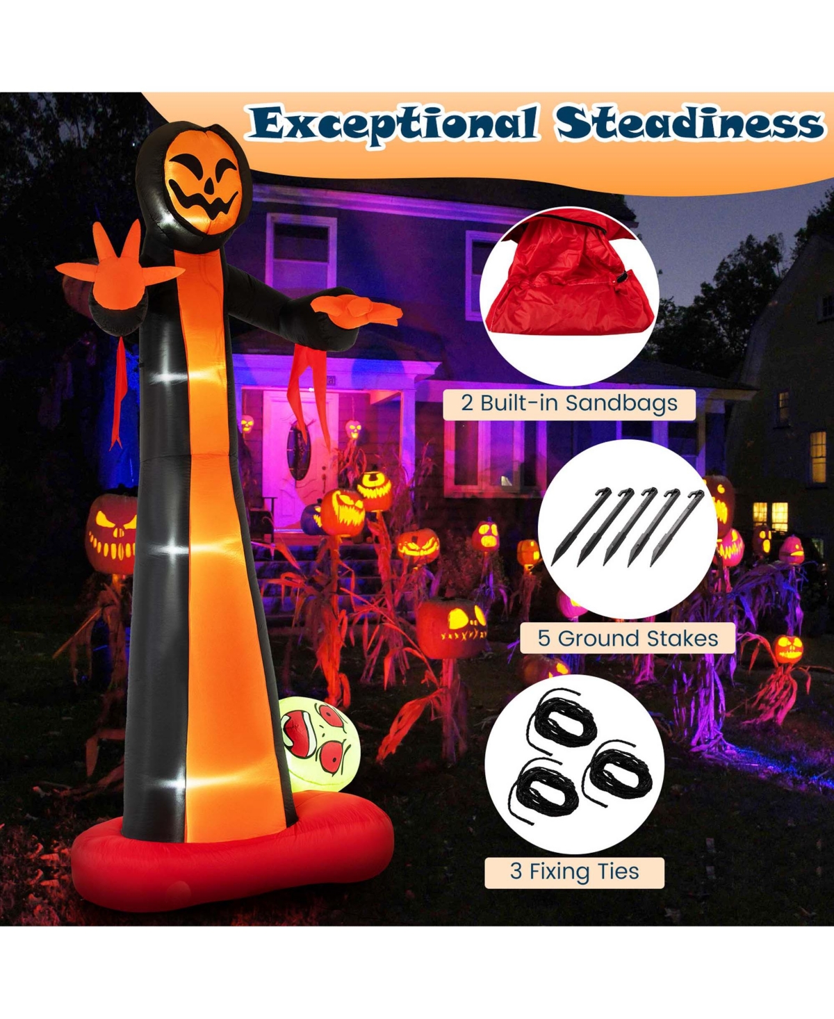 Costway 12 Ft Inflatable Grim Reaper Ghost Large Halloween Inflatables with Built-in Led Lights and Scary Skull